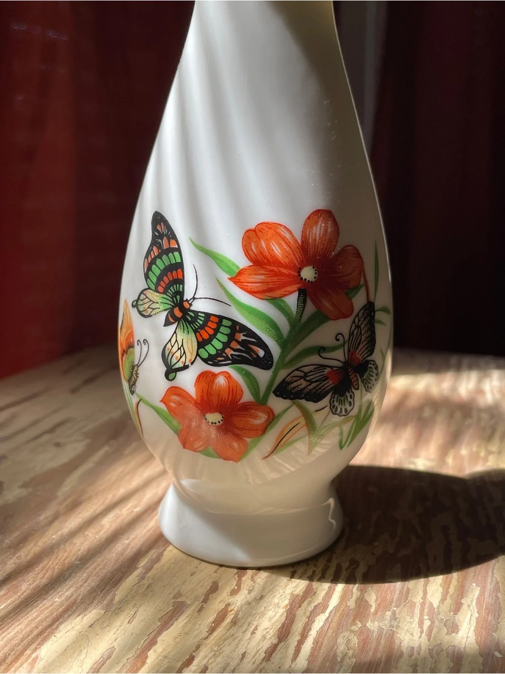 Vintage Ceramic Bud Vase with Orange Flowers and Butterflies